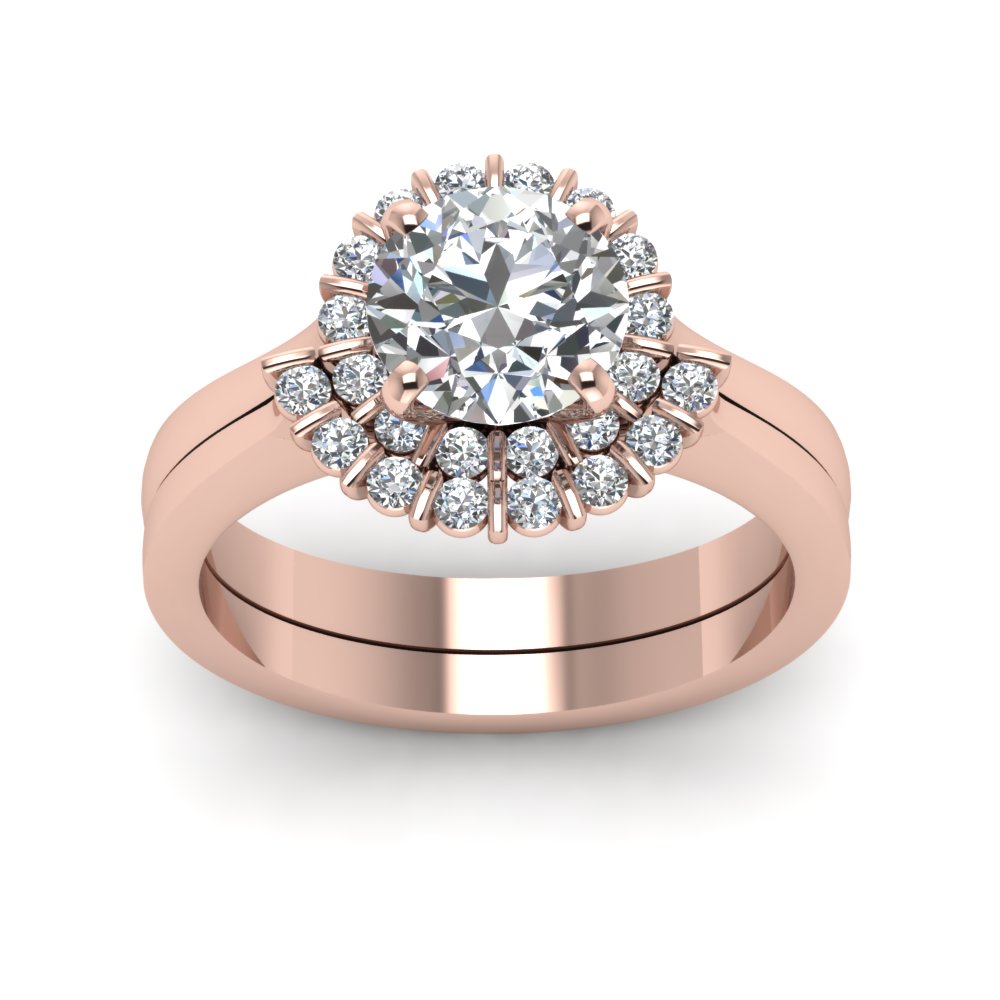 Floating Floral Halo Diamond Wedding Ring Set In 18K Rose