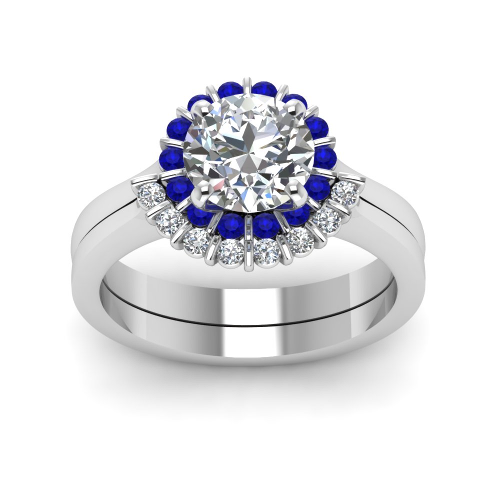 Floating Floral Halo Diamond Wedding Ring Set With Sapphire In 14K ...