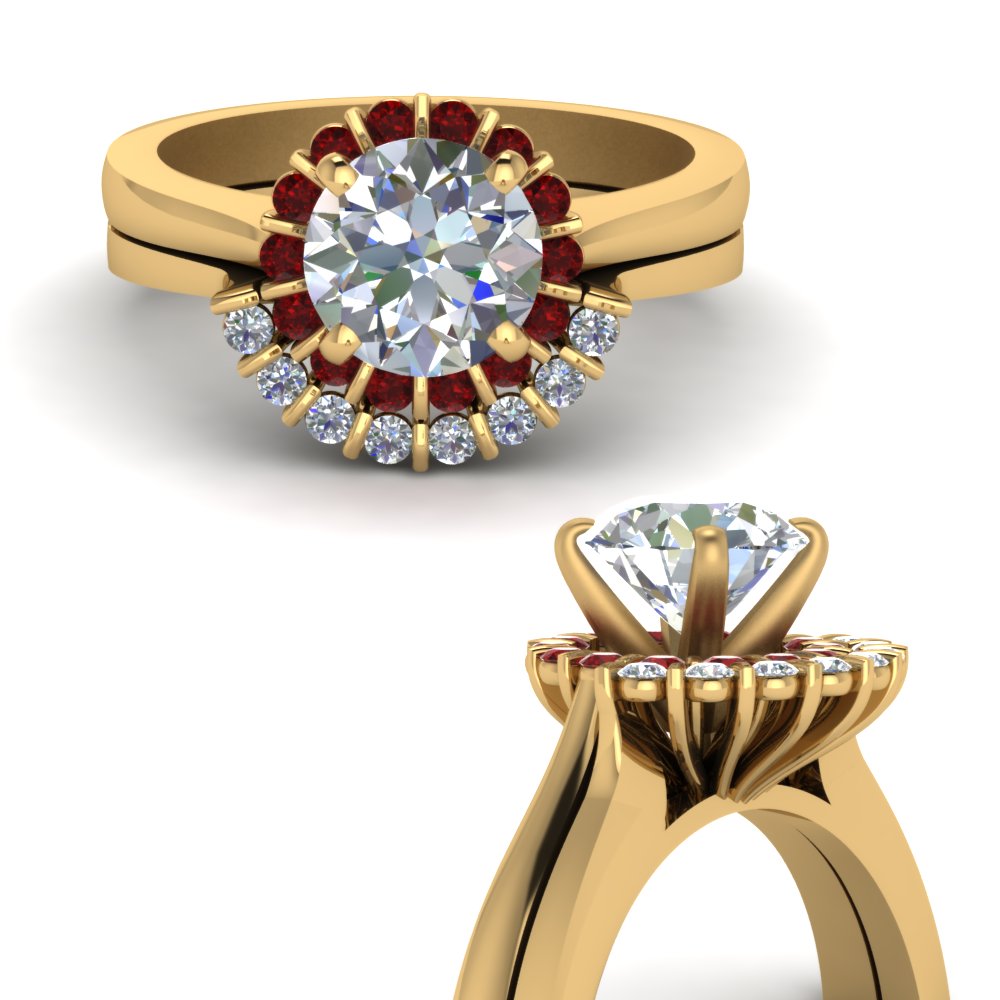 Floating Floral Halo Diamond Wedding Ring Set With Ruby In