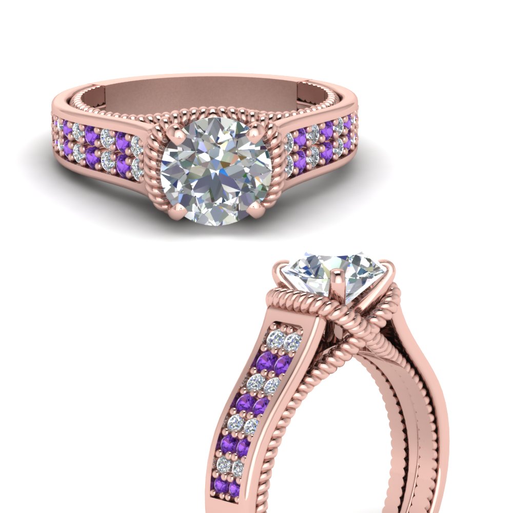 Round Shaped Pave 2 Row Thick Band Ring with Purple Amethyst in 14K Rose Gold