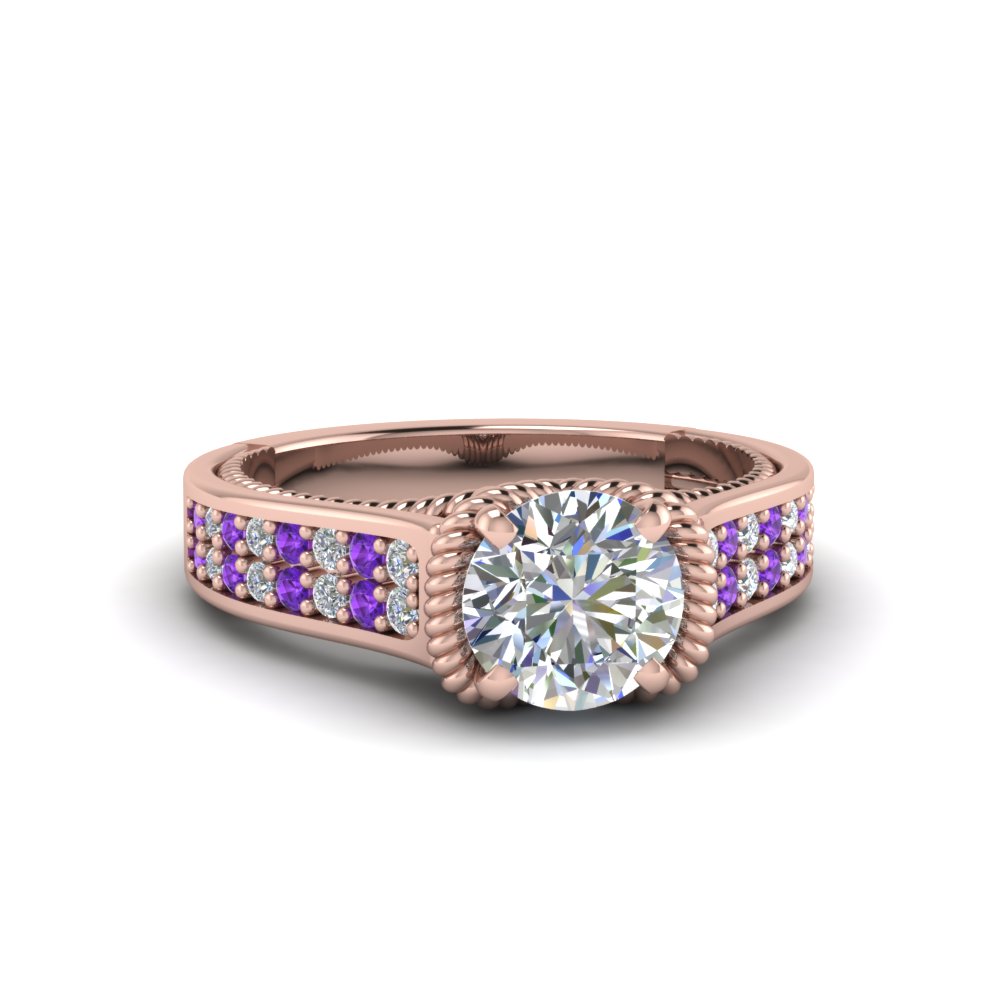 Round Shaped Pave 2 Row Thick Band Ring with Purple Amethyst in 14K Rose Gold