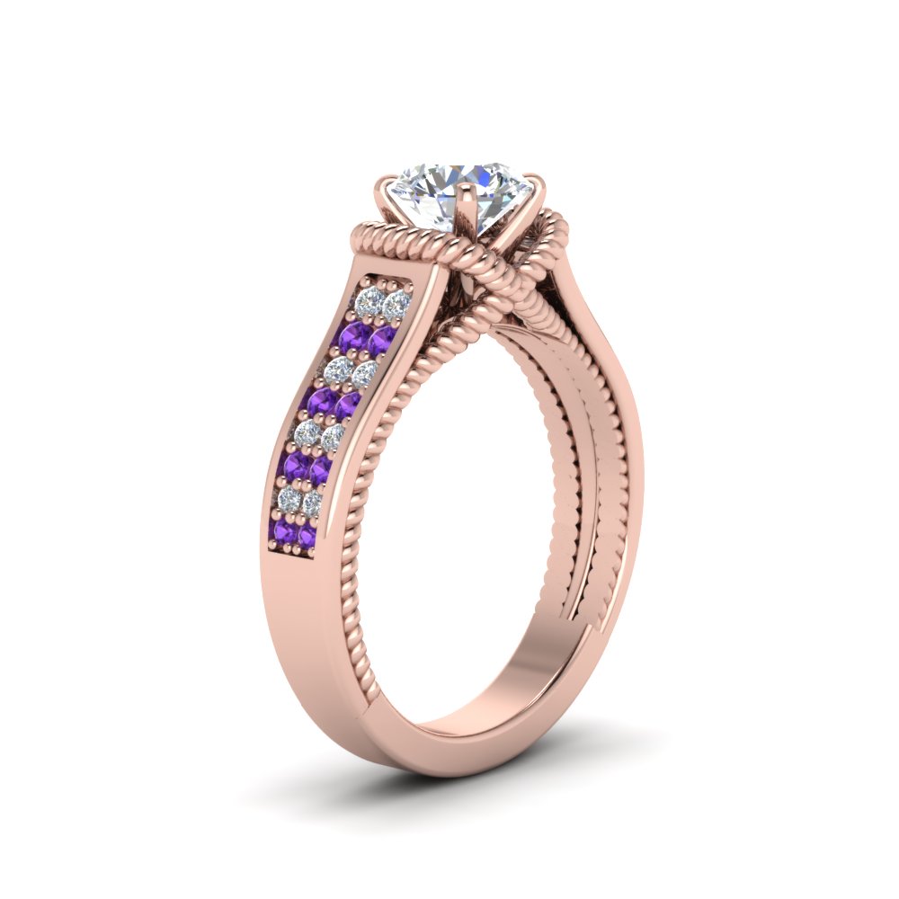 Round Shaped Pave 2 Row Thick Band Ring with Purple Amethyst in 14K Rose Gold
