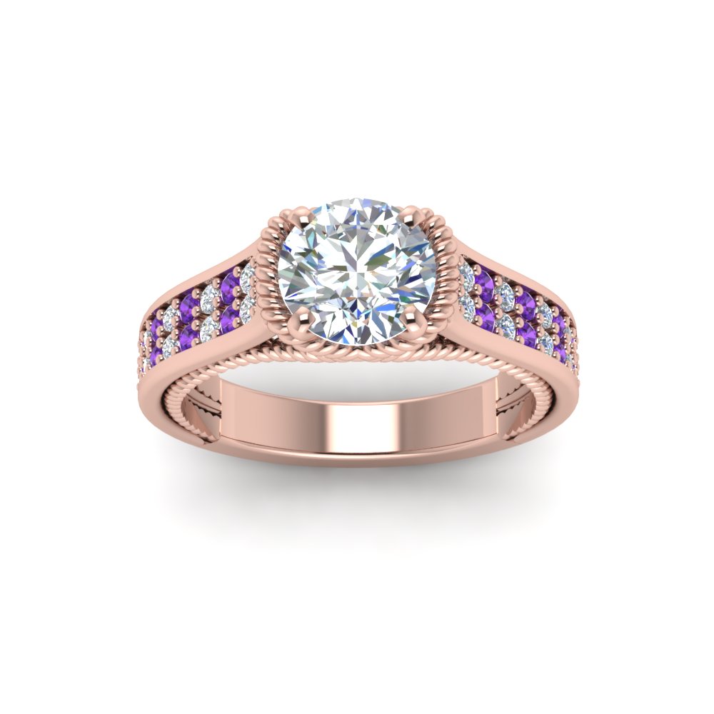 Round Shaped Pave 2 Row Thick Band Ring with Purple Amethyst in 14K Rose Gold