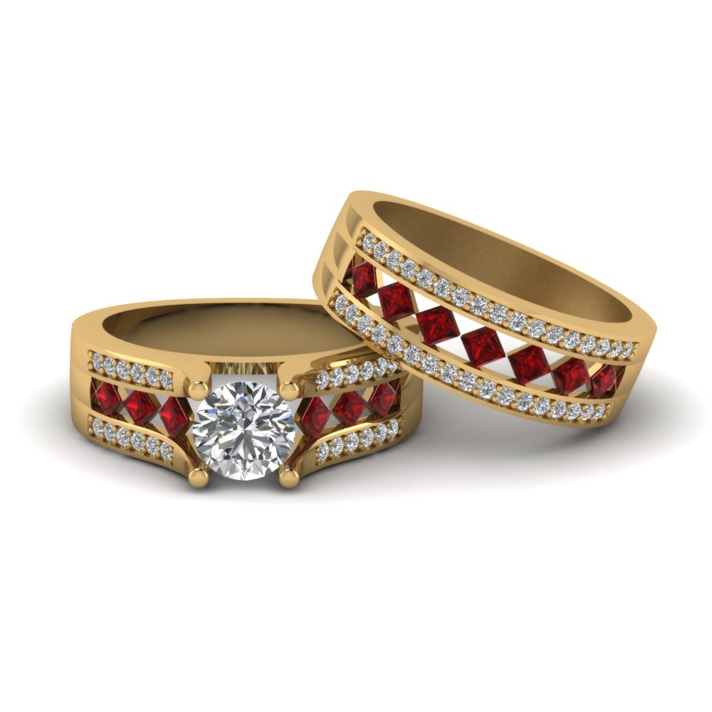 Round Cut Pave And Kite Shaped diamond Bridal Set With Ruby In 14K ...