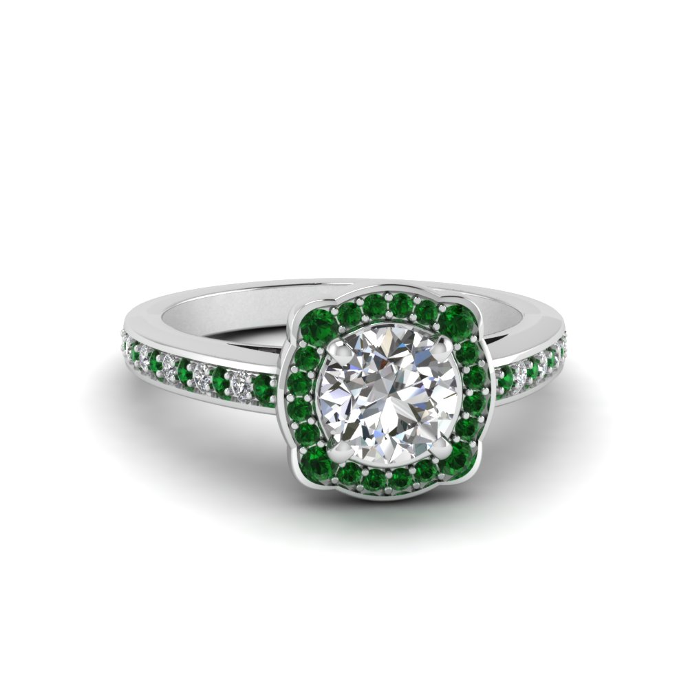 round cut floral pave halo diamond engagement ring with emerald in 18K white gold FDENS3245RORGEMGR NL WG