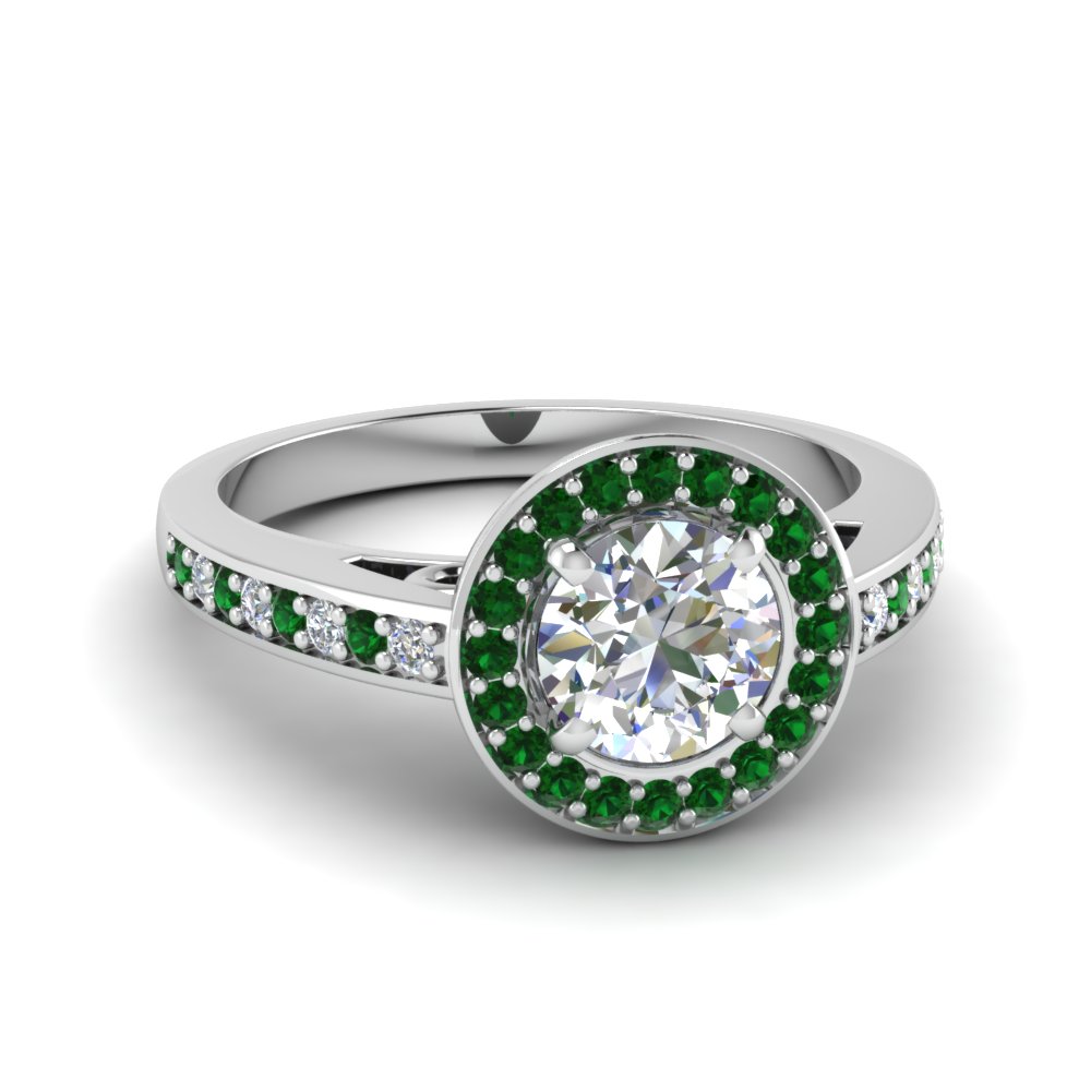 round cut petite halo pave diamond engagement ring with emerald in FDENS3187RORGEMGR NL WG
