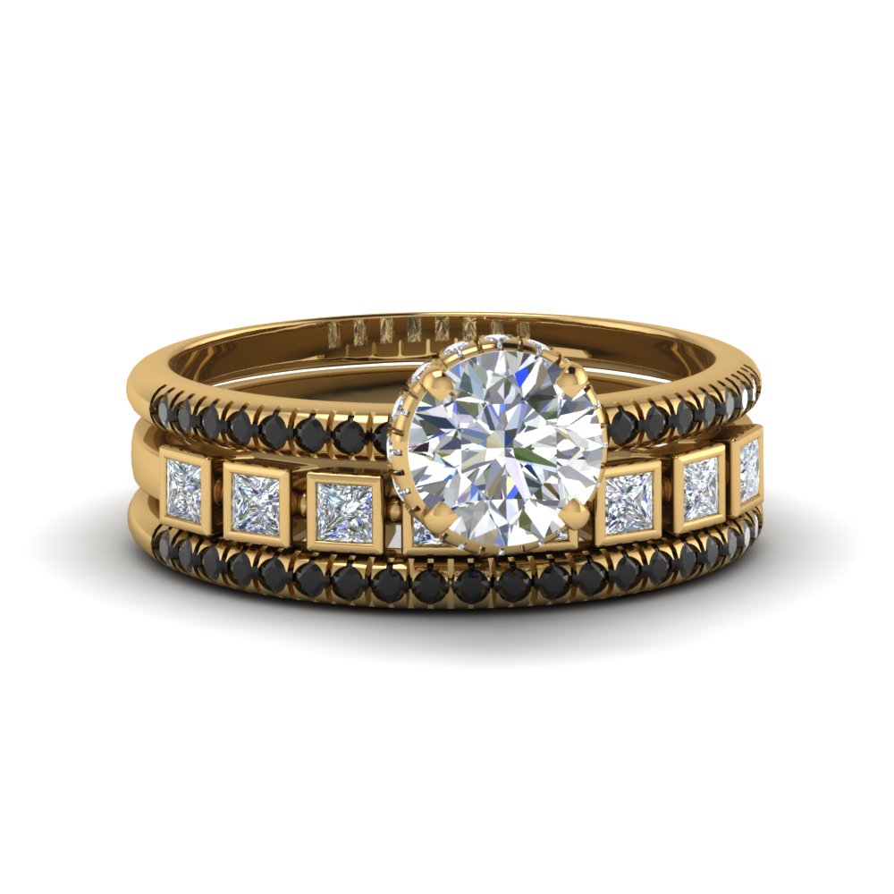 Round Cut G And Bezel Set Trio Wedding Ring Sets For Women With Round Cut G And Bezel Set Trio Wedding Ring Sets For Women With Black Diamond In