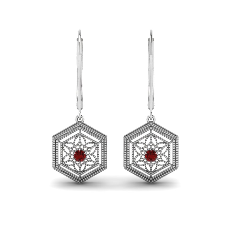 Bezel Set Square Ruby Birthstone Drop Dangle Leverback Earrings 14K Yellow Gold