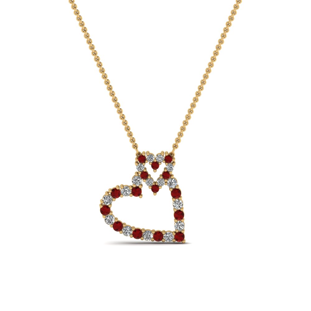 interlinked heart diamond pendant with ruby in FDHPD343GRUDR NL YG