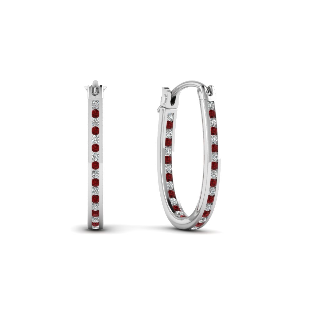Round Cut Red Ruby Hoops Earrings With White Diamond In 14k Round Cut Red Ruby Hoops Earrings With White