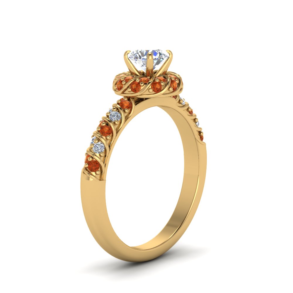 Rope Twisted Halo Diamond Engagement Ring With Orange Sapphire In 18K ...