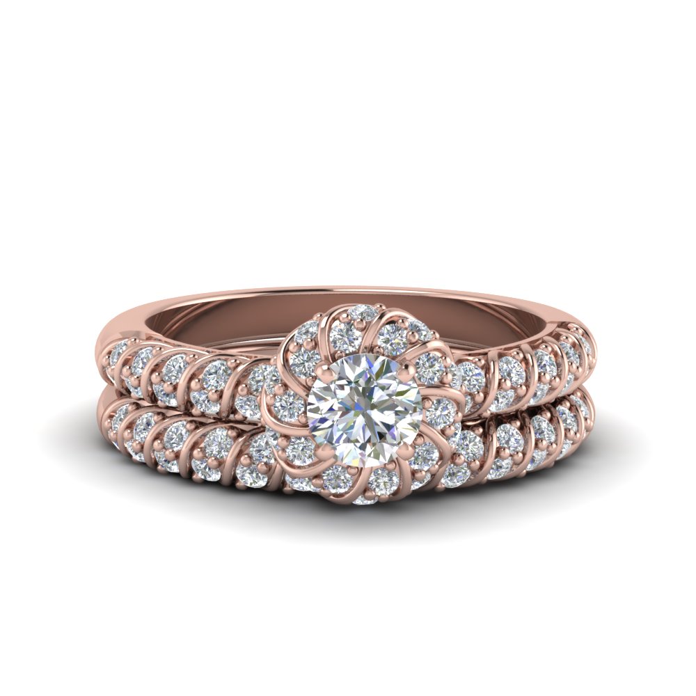 Rope Twisted Halo Diamond Wedding Ring Set In 14K Rose Gold