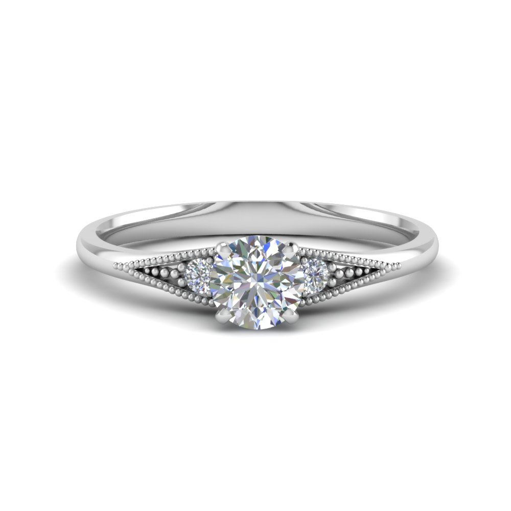 Real Diamond 1.00 ctw. Round Three Stone Engagement Ring, D VVS2 Center with Diamond Round Big Side Stones in 14K White Gold