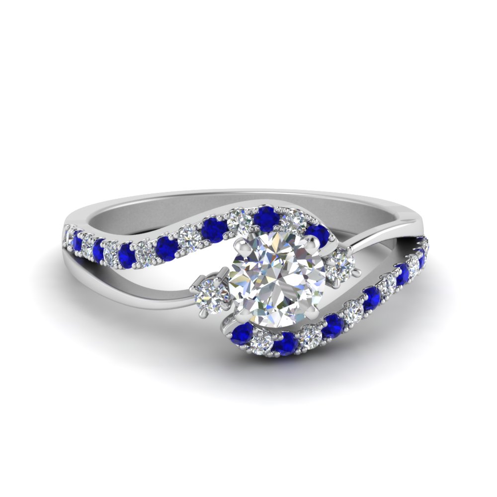 Round Cut Swirl 3 Stone Diamond Engagement Ring With Sapphire In 14K ...