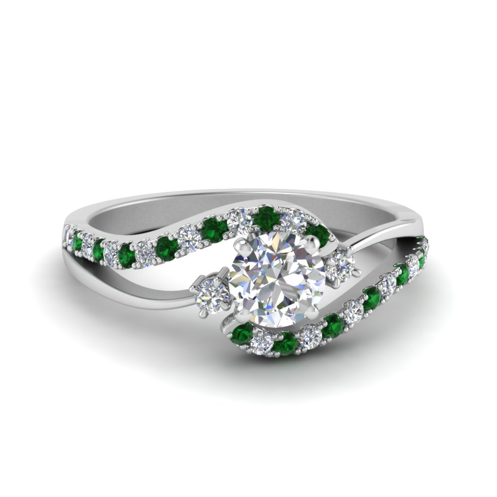 Round Shaped Swirl 3 Stone Diamond Engagement Ring with Green Emerald in 14K White Gold