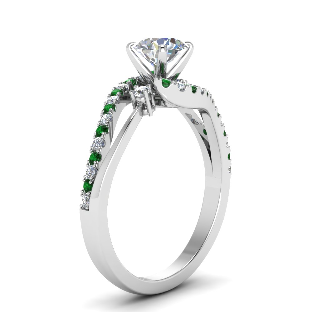 Round Shaped Swirl 3 Stone Diamond Engagement Ring with Green Emerald in 14K White Gold