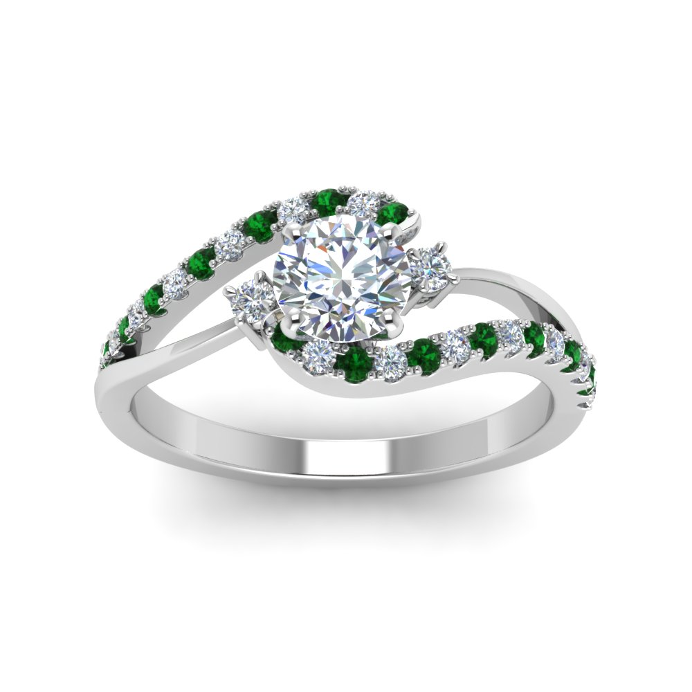 Round Shaped Swirl 3 Stone Diamond Engagement Ring with Green Emerald in 14K White Gold