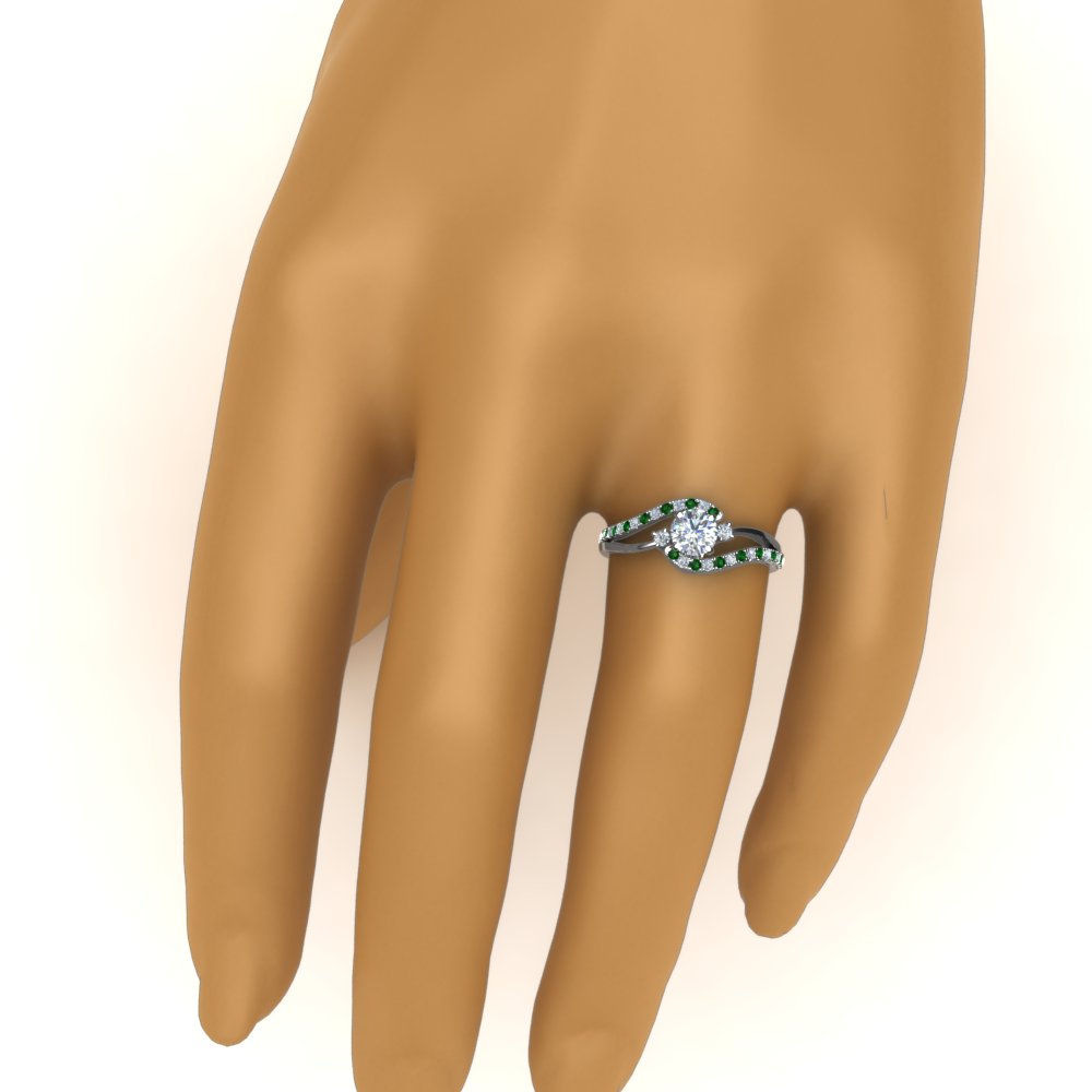 Round Shaped Swirl 3 Stone Diamond Engagement Ring with Green Emerald in 14K White Gold