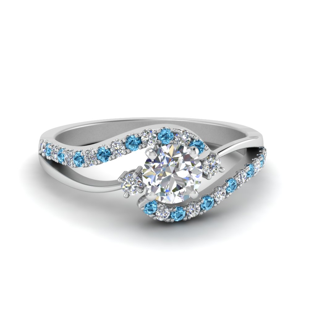 round cut swirl 3 stone diamond engagement ring with blue topaz in 14K white gold FDO50895RORGICBLTO NL WG