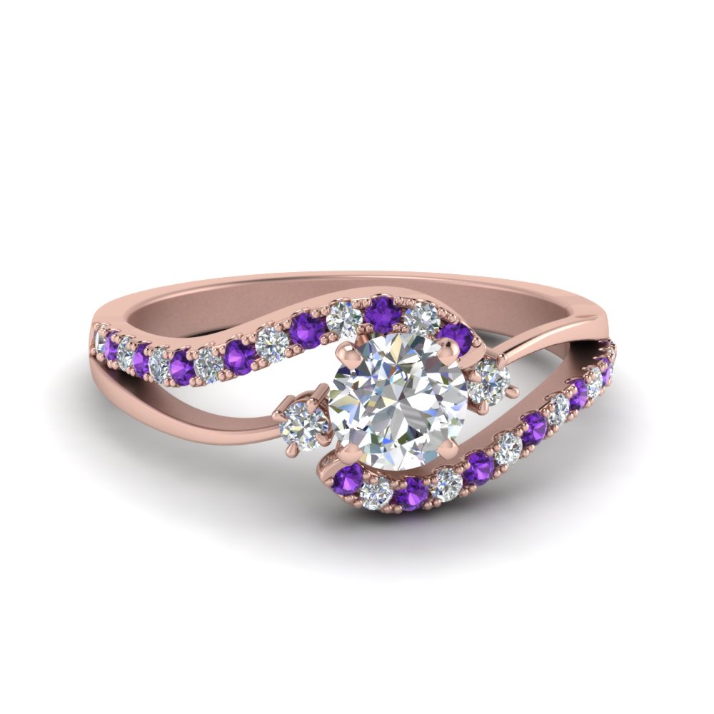 Round Cut Swirl 3 Stone diamond Engagement Ring With Purple Topaz
