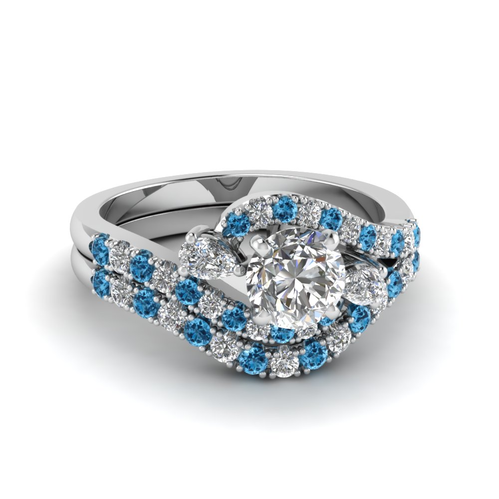 Swirl Halo Diamond Matching Wedding Ring Sets With Blue