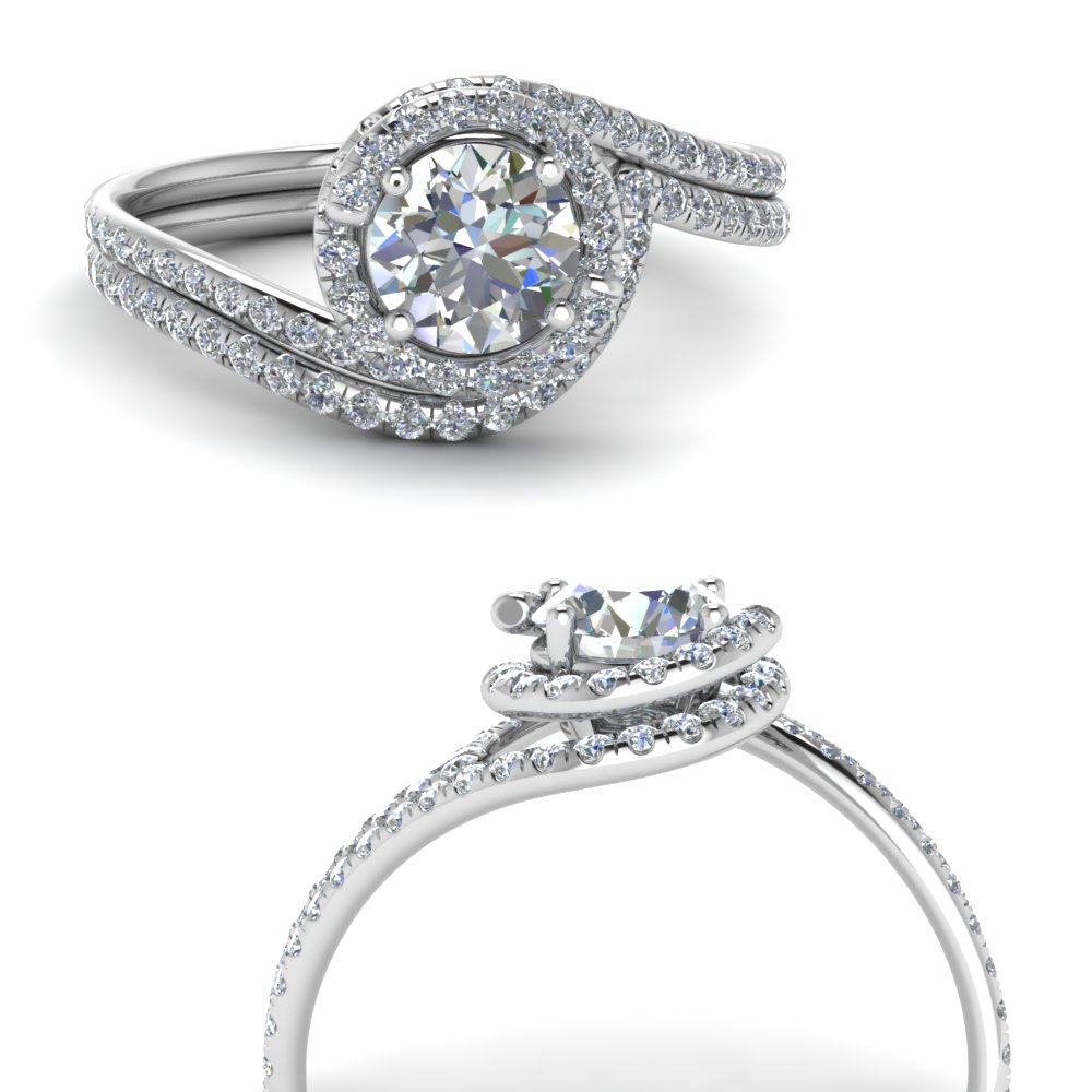 Round Cut Swirl Halo Diamond Wedding Ring Set In 14K White Gold ...
