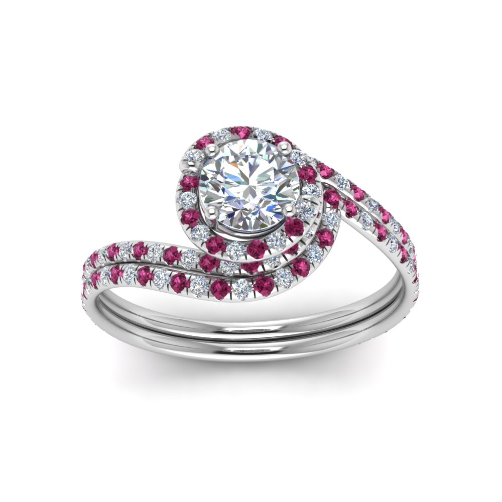 Round Cut Swirl Halo Diamond Wedding Ring Set With Pink