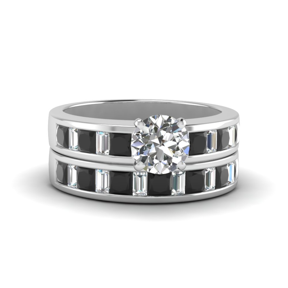 Round Cut Thick Band And Baguette Wedding Set With Black Diamond In Diamond And Baguette Wedding Set With Ruby Black Thick Band
