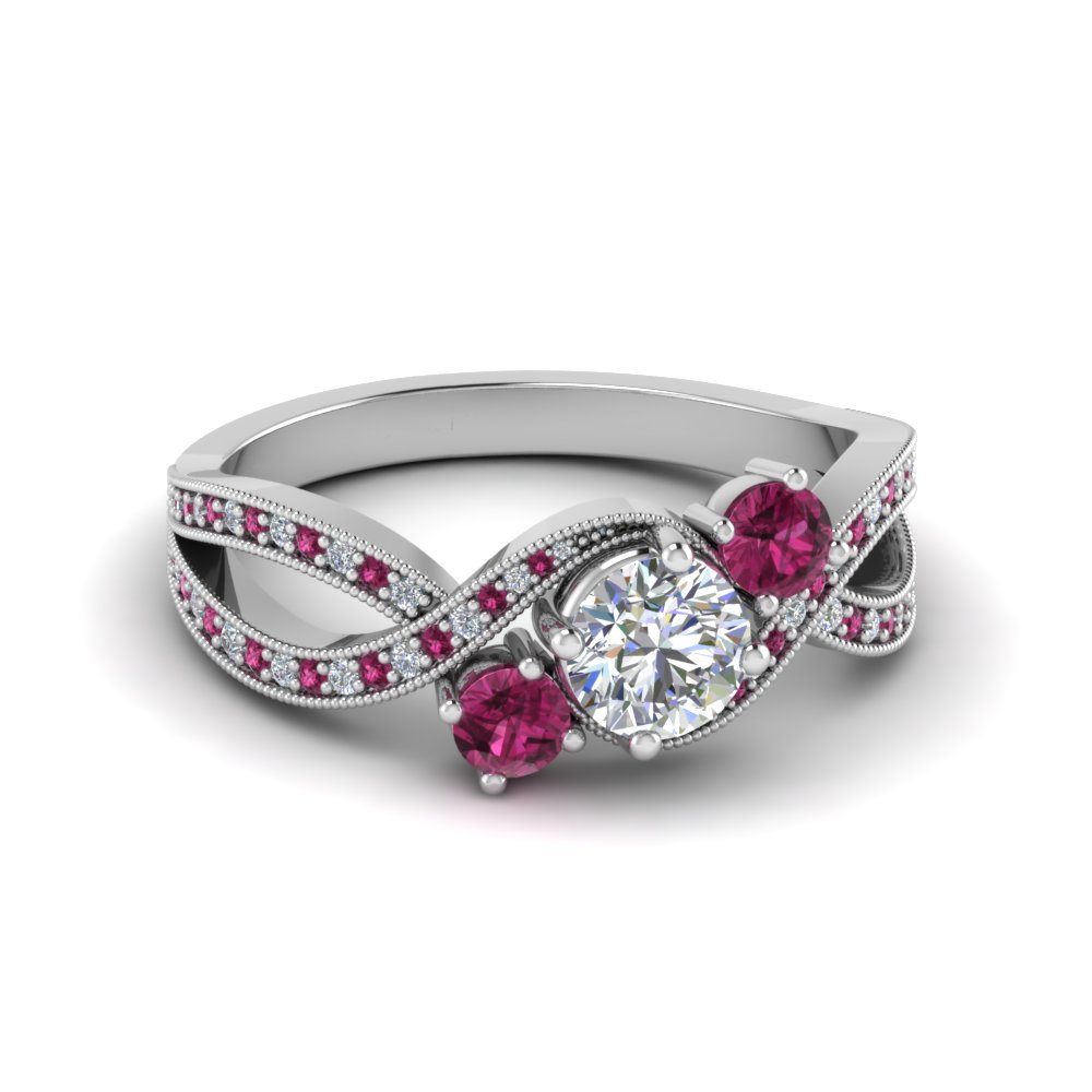 Round Diamond Pink Sapphire Milgrain Ring