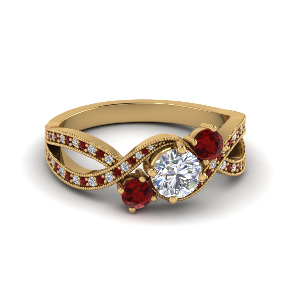 milgrain three stone pave diamond engagement ring with ruby in FD8101RORGRUDR NL YG