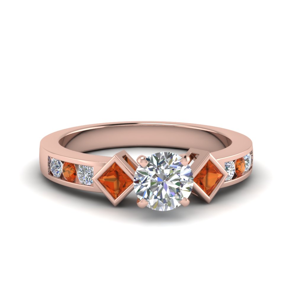 round cut three stone diamond engagement ring with orange sapphire in FDENS276RORGSAOR NL RG