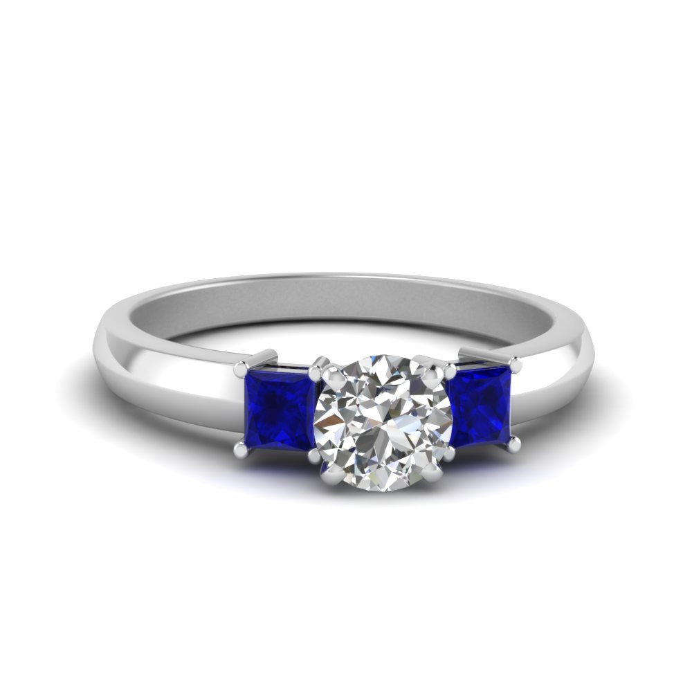 Round Cut Glossy Basket Engagement Ring 3 Stone With Sapphire In 14K ...