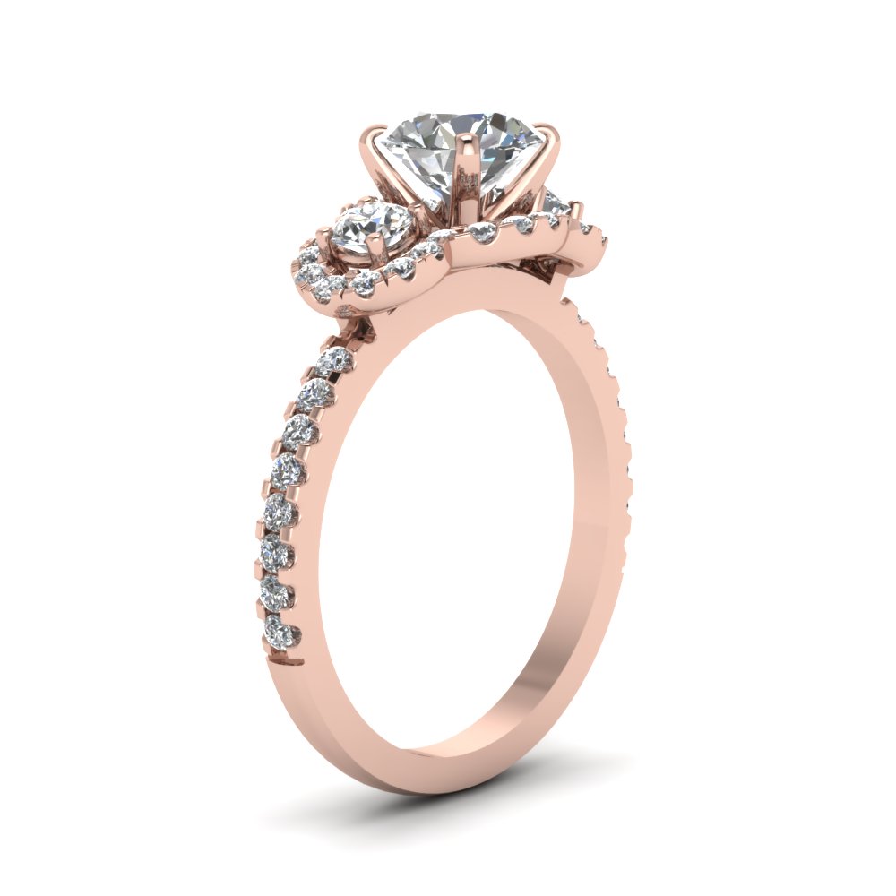 Round Cut Three Stone Halo Diamond Engagement Ring In 14K Rose Gold ...