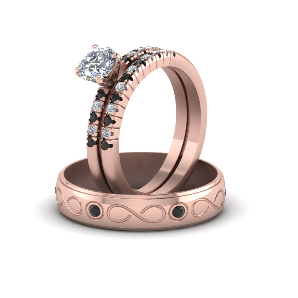Round Shaped Round Trio Matching Wedding Set For Him And Her with Black Diamond in 14K Rose Gold