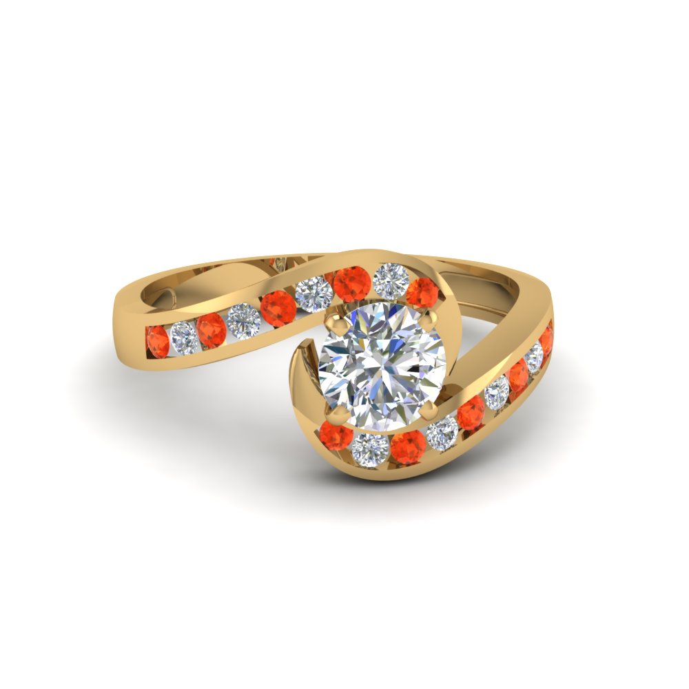 round cut twist channel set diamond engagement ring with orange topaz in 14K yellow gold FDENS594RORGPOTO NL YG