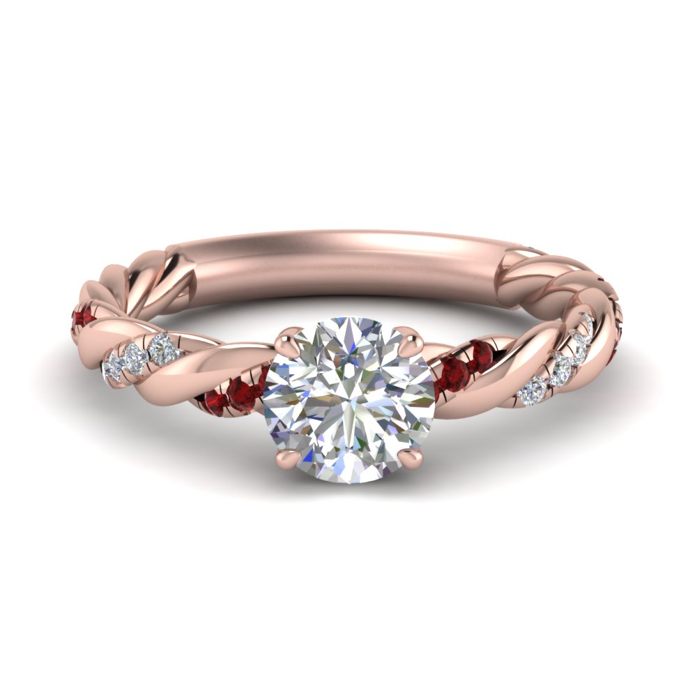 round cut twisted delicate diamond engagement ring with ruby in FD9127RORGRUDR NL RG