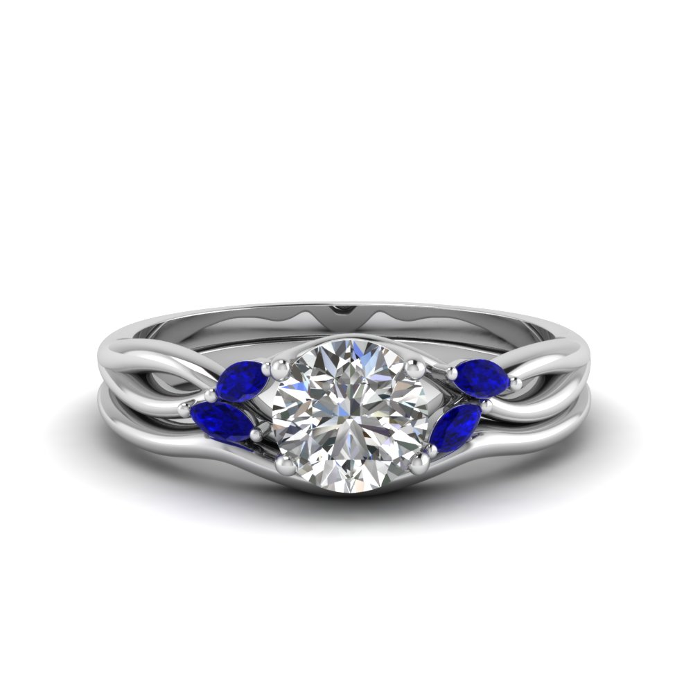 Round Cut Twisted Diamond Ring With Matching Curved Band With Blue Sapphire In 14K White Gold FD8300ROGSABL NL WG 