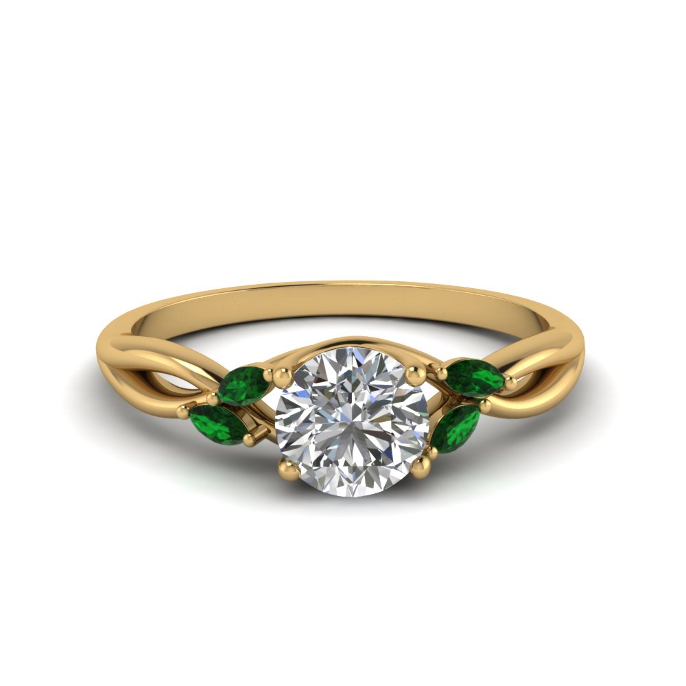 round cut twisted petal diamond engagement ring with emerald in FD8300RORGEMGR NL YG