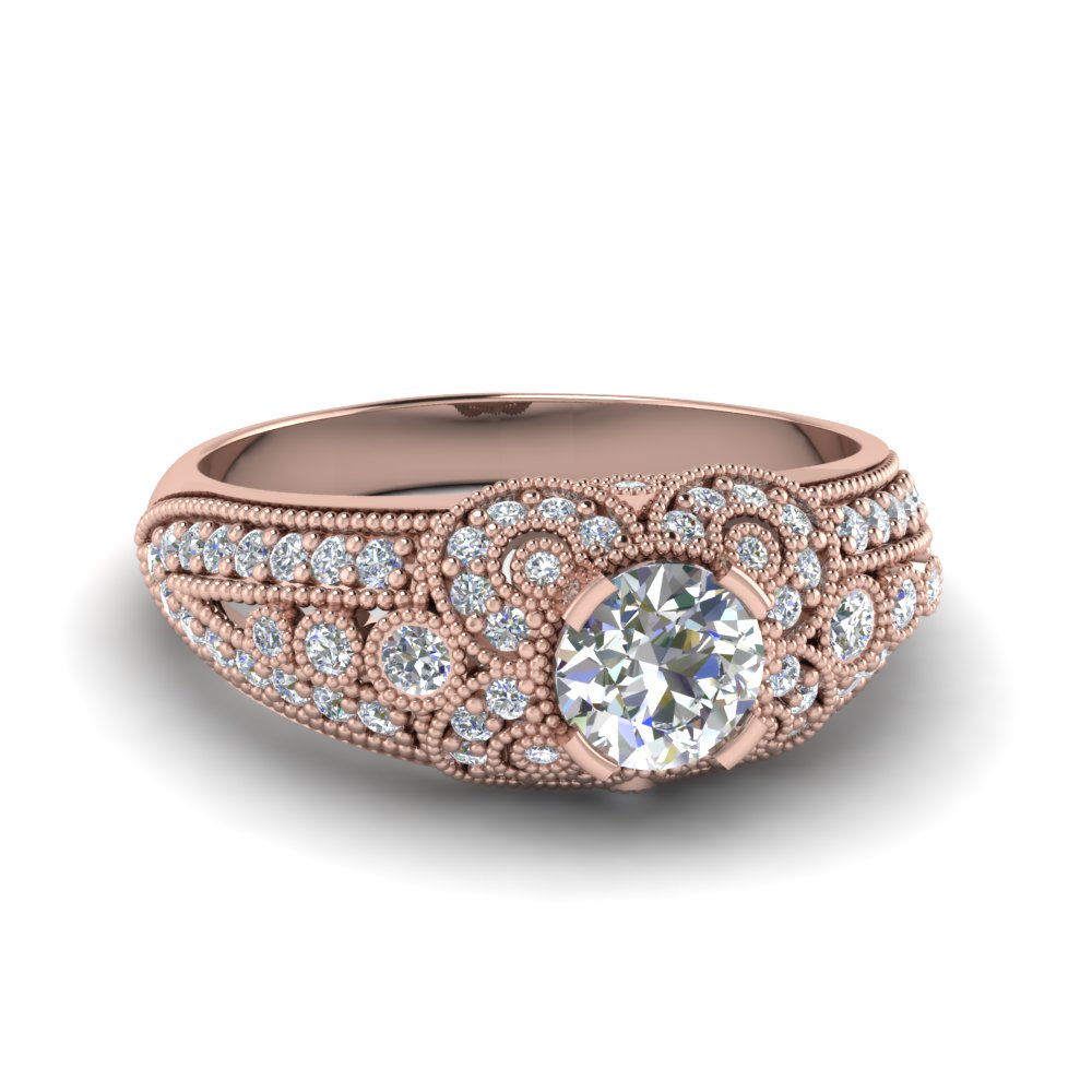 Rose Gold Round Cut Milgrain Engagement Rings