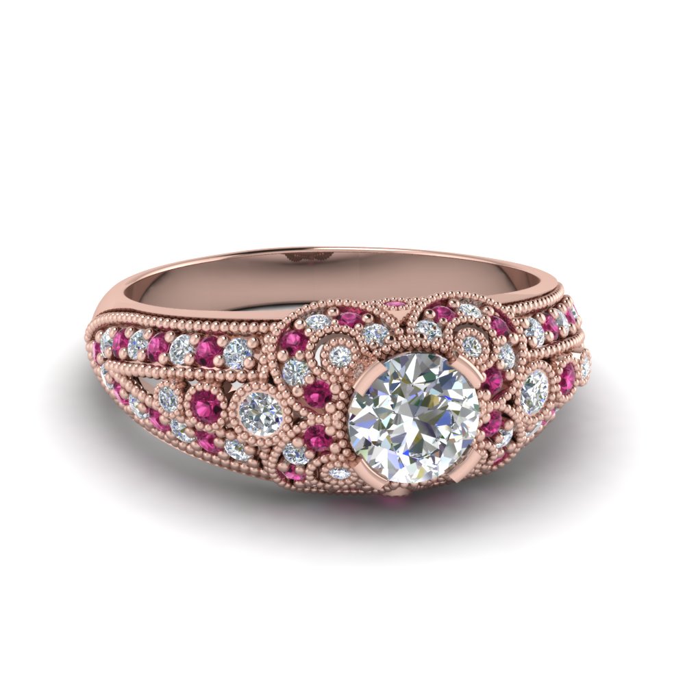 Pave Round Milgrain Pink Sapphire Ring