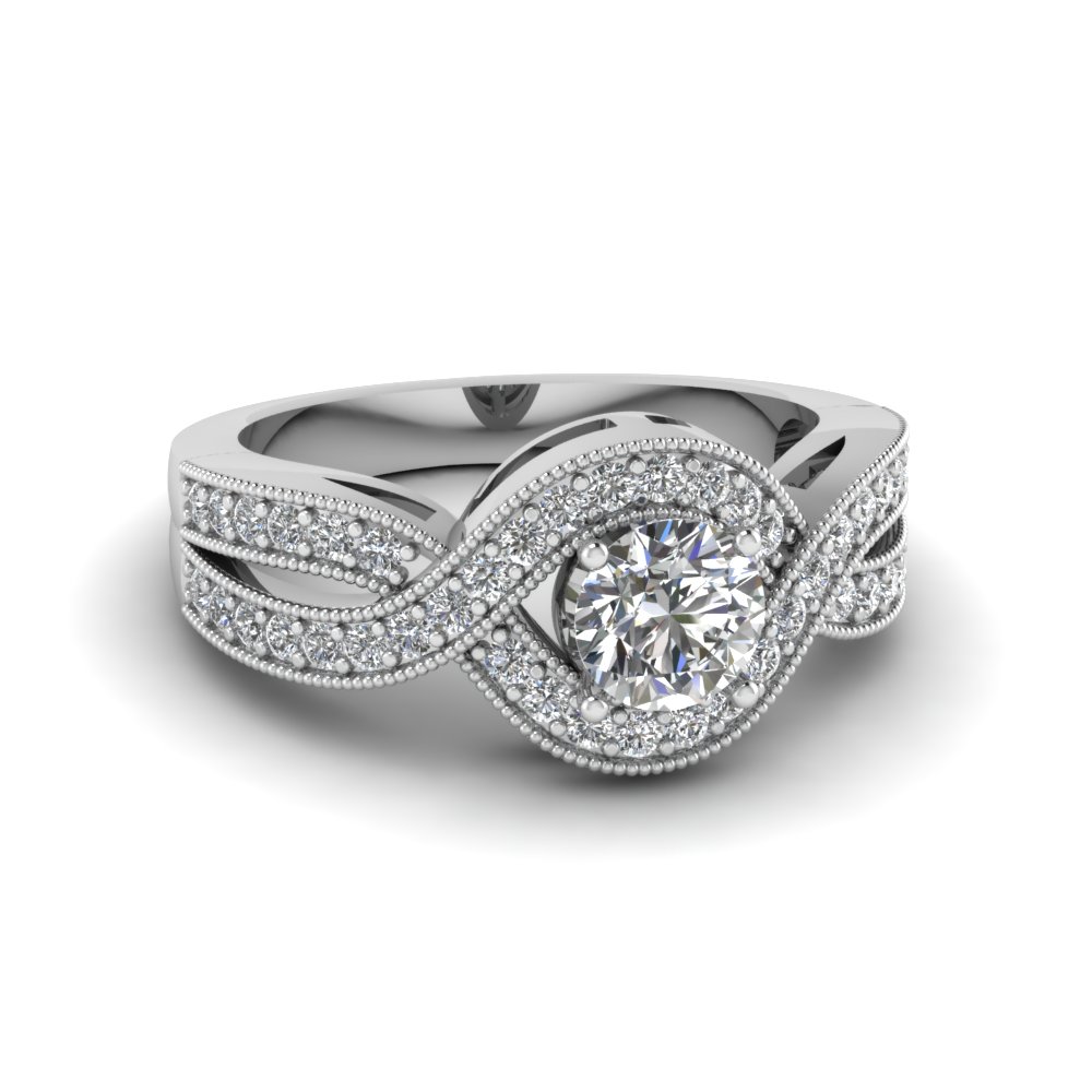 Round Cut Vintage Pave Diamond Interwoven Engagement Ring In 14K White ...