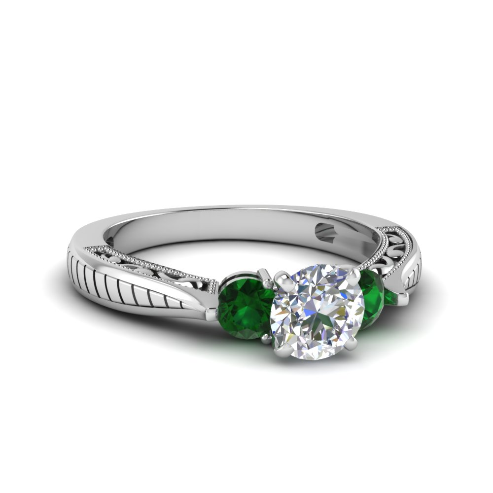 round cut vintage style three stone engagement ring with emerald in 950 Platinum FDENR1814RORGEMGR NL WG