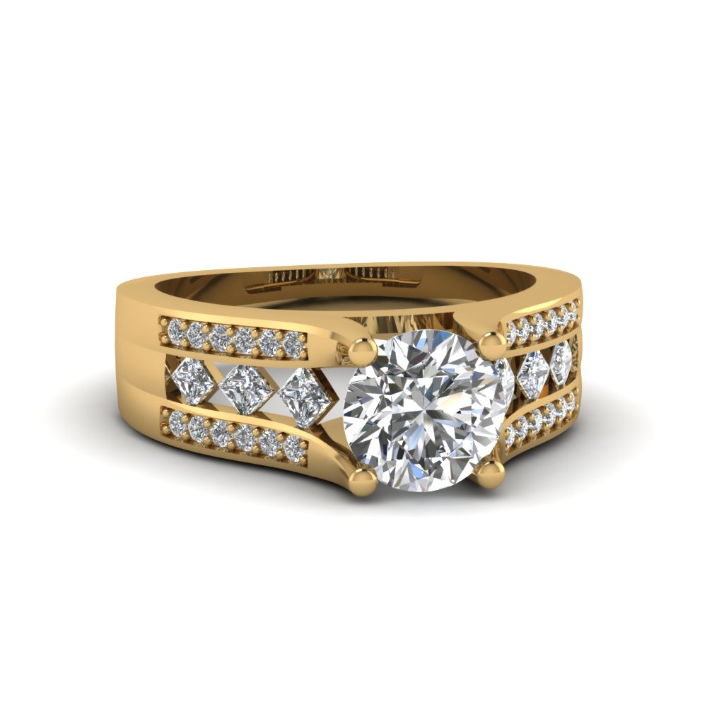 round cut wide pave 4 prong diamond engagement ring in 14K yellow gold FDENS1149ROR NL YG