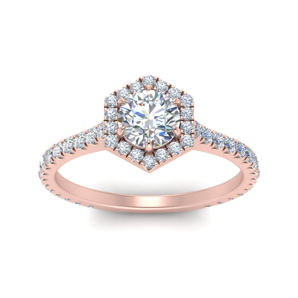 1.50 Carat Manufactured Diamond Hexagon Halo Ring with 18K Rose Gold White Diamond