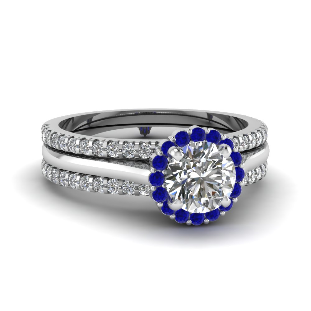 round halo diamond trio wedding ring set with blue sapphire in fd8116trogsabl nl wg - Blue Wedding Ring Set round halo diamond trio wedding ring set with blue sapphire in fd8116trogsabl nl wg - Blue Wedding Ring Set
