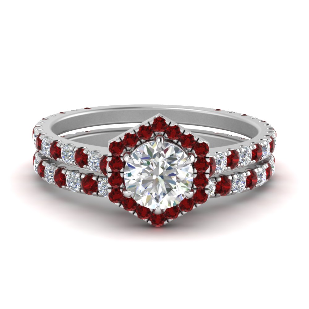 Round White Diamond Wedding Ring Ruby In 14K White Gold | Fascinating