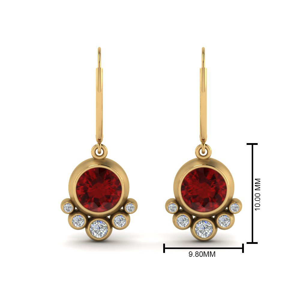 Ruby Bezel Drop Leverback Diamond Earring In 14K Yellow Gold ...