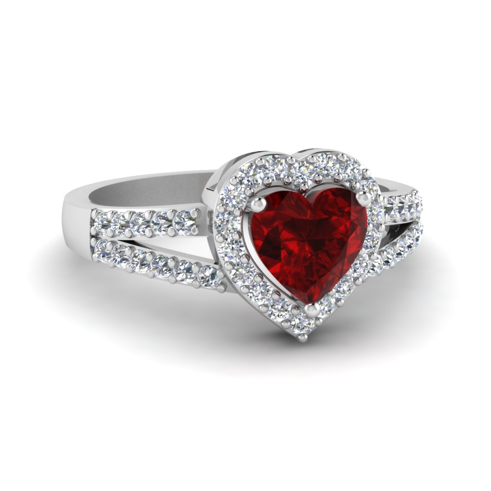 14k White Gold Round Ruby Heart Ring CM-RM1588XW-07 