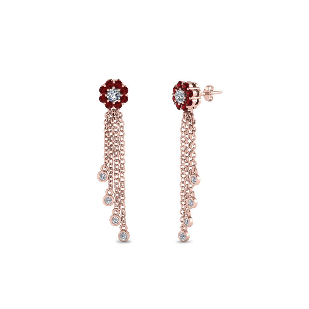 Ruby Tel Halo Diamond Dangle Earring In 18k Rose Gold Tel Halo Ruby Diamond Earring
