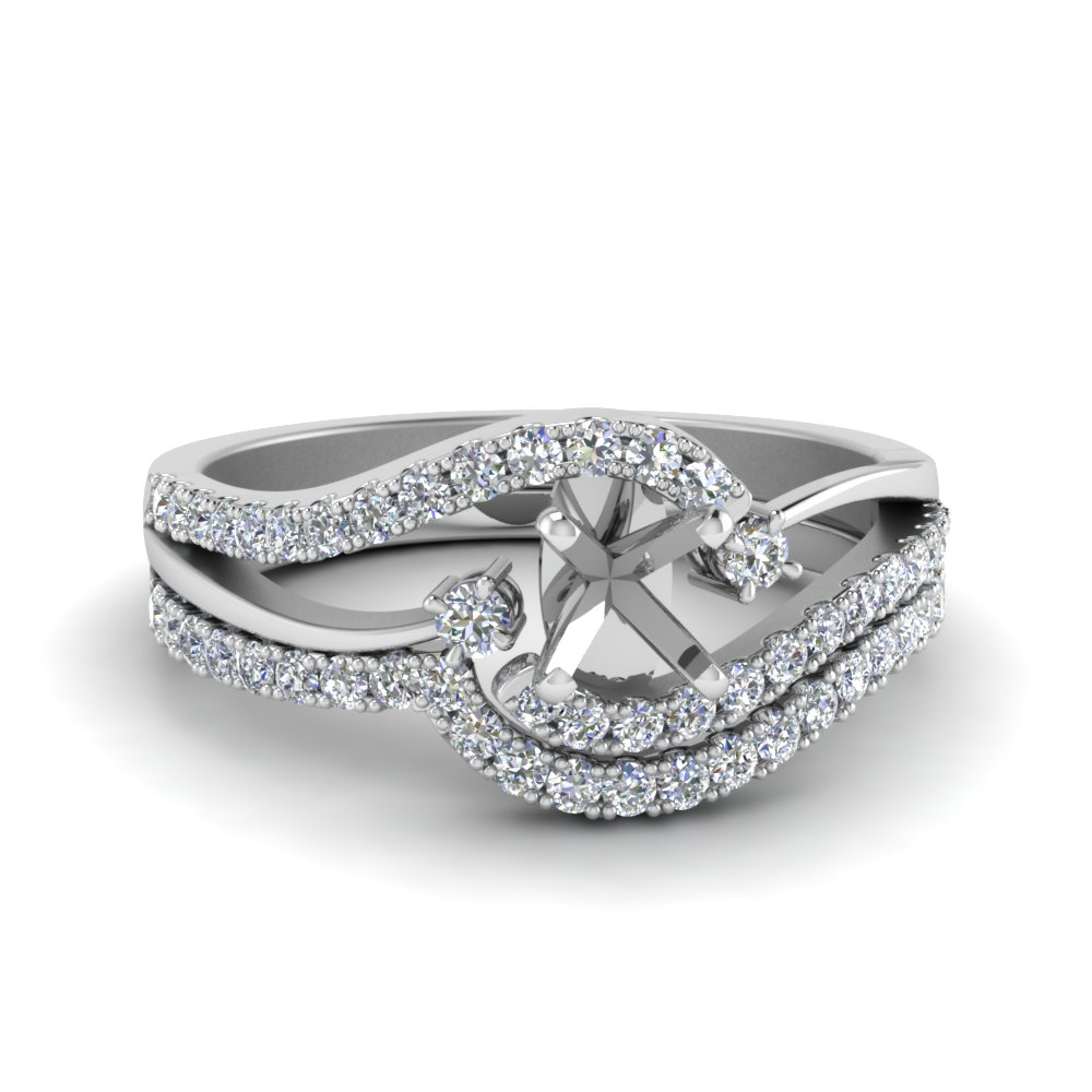 Semi Mount 3 Stone Diamond Swirl Bridal Set In 14K White Gold ...